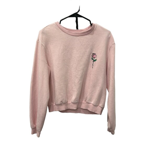 H&M Pink Crewneck Long Sleeve Rose Embroidered Pullover Sweatshirt Sz M - Picture 1 of 8